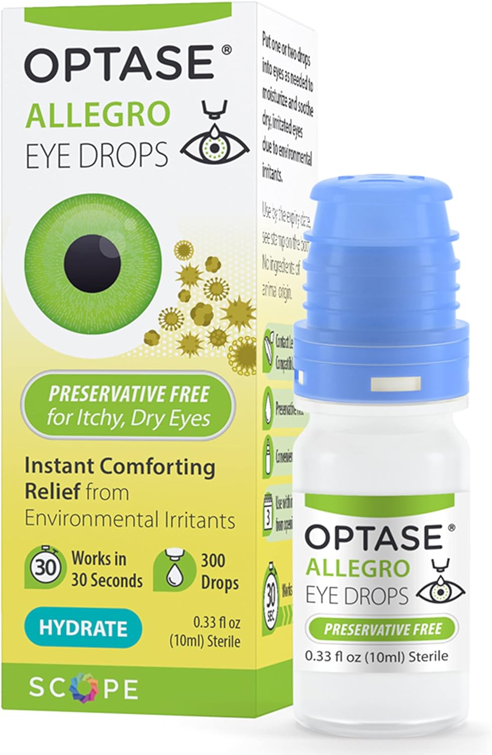 Optase Allegro Eye Drops For Dry Eyes - Lubricating Eye Drops For Dry Eyes - Eye Drops For Red Eyes And Seasonal Irritants - Symptom Relief Eye Drops For Contacts And Itchy Eyes - .33 Oz, 300 Drops