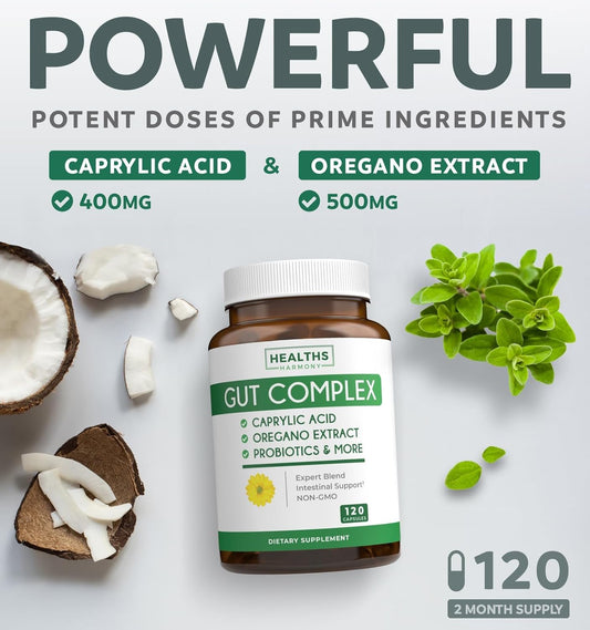 Candida Support (120 Capsules) - Caprylic Acid, Oregano Oil & Probiotics Help Maintain Already Normal Levels of Yeast and Candida - Vegetarian, Non-GMO Intestinal Supplement - Gut Cleanse (No Pills)