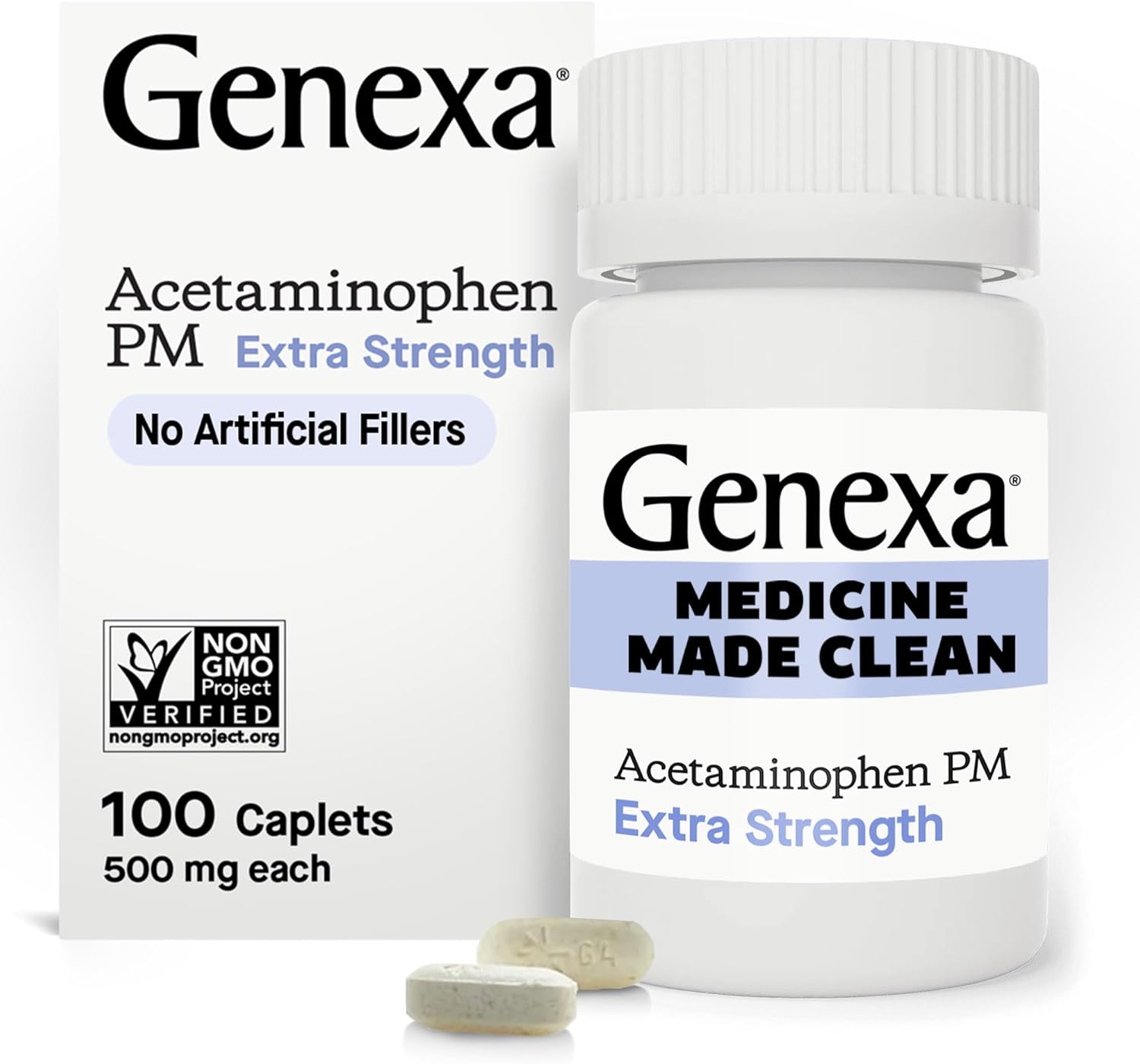 Genexa Clean Acetaminophen Extra Strength, Dye Free Pain Reliever & Fever Reducer, 0% Artificial Additives, Pain Relief For Headache, Backache, Toothache, & Minor Arthritis, 500Mg Caplets, 100 Ct
