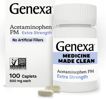 Genexa Clean Acetaminophen Extra Strength, Dye Free Pain Reliever & Fever Reducer, 0% Artificial Additives, Pain Relief For Headache, Backache, Toothache, & Minor Arthritis, 500Mg Caplets, 100 Ct