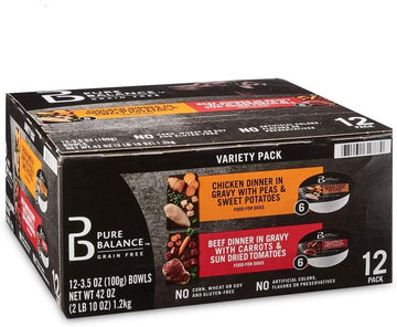 Pure Balance Food For Dogs Variety Pack, Chicken Dinner In Gravy With Peas & Sweet Potatoes And Beef Dinner In Gravy With Carrots & Sun Dried Tomatoes, 3.5 Oz, 12 Count