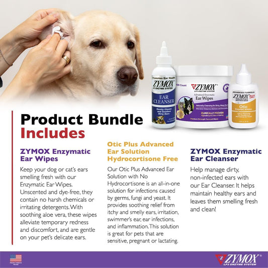 Zymox Enzymatic Ear Wipes, Ear Cleanser, & Otic Plus Ear Solution Hydrocortisone Free For Dogs And Cats - Product Bundle - For Dirty, Waxy, Smelly Ears And To Soothe Ear Infections