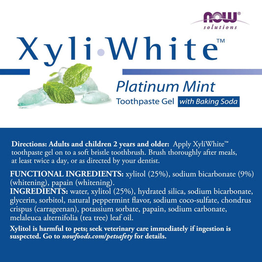 Now Foods Solutions, Xyliwhite™ Toothpaste Gel, Platinum Mint, Cleanses And Whitens, Fresh Taste, 6.4-Ounce