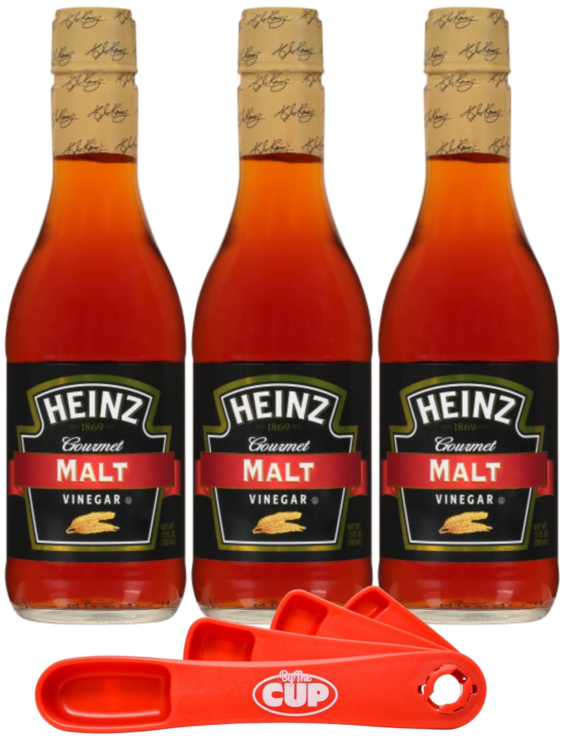 Heinz Gourmet Malt Vinegar, 12 fl oz Bottle (Pack of 3) with By The Cup Swivel Spoons