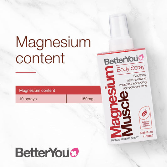 BetterYou Magnesium Muscle Body Spray - Muscle Relief Spray - Magnesium, Arnica, and Lemon Oil - Gentle Heat for Muscle and Joint Recovery - 3.38 oz