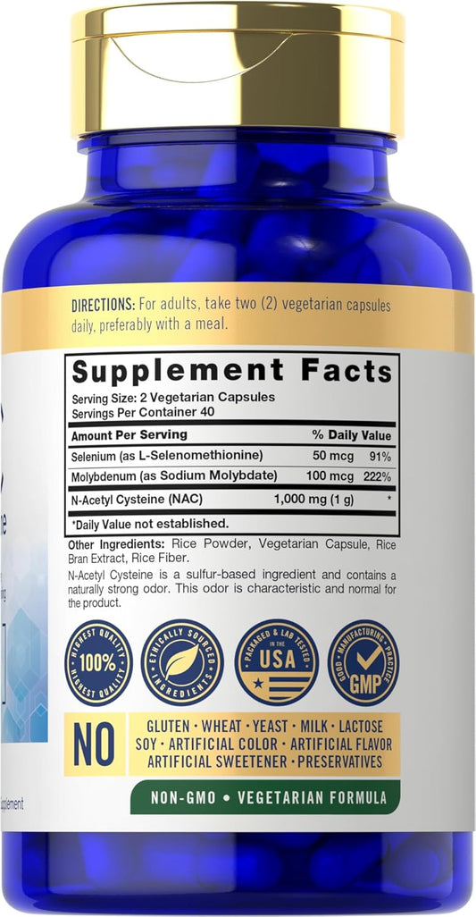 Carlyle Nac Supplement N-Acetyl Cysteine | 1000 Mg | 80 Capsules | With Selenium & Molybdenum | Vegetarian, Non-Gmo & Gluten Free