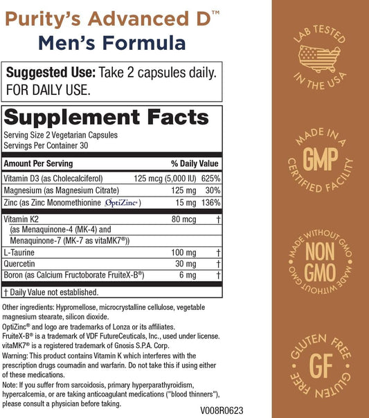 Purity Products Dr. Cannell's Advanced Vitamin D Men's Formula Packed with Vitamin D, Vitamin K2, Zinc, Magnesium Citrate, Boron and Taurine - 60 Vegetarian Capsules
