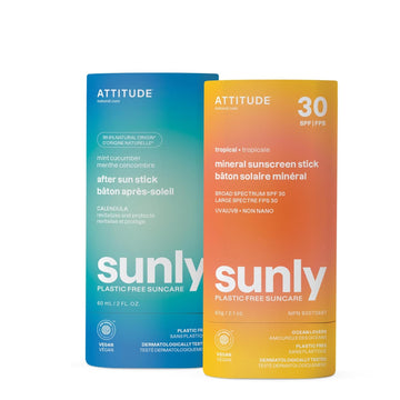 Bundle of ATTITUDE Mineral Sunscreen Stick with Zinc Oxide, SPF 30, EWG Verified, Plastic-Free, Broad Spectrum UVA/UVB Protection, Vegan, Tropical + After Sun Care Stick, Mint and Cucumber