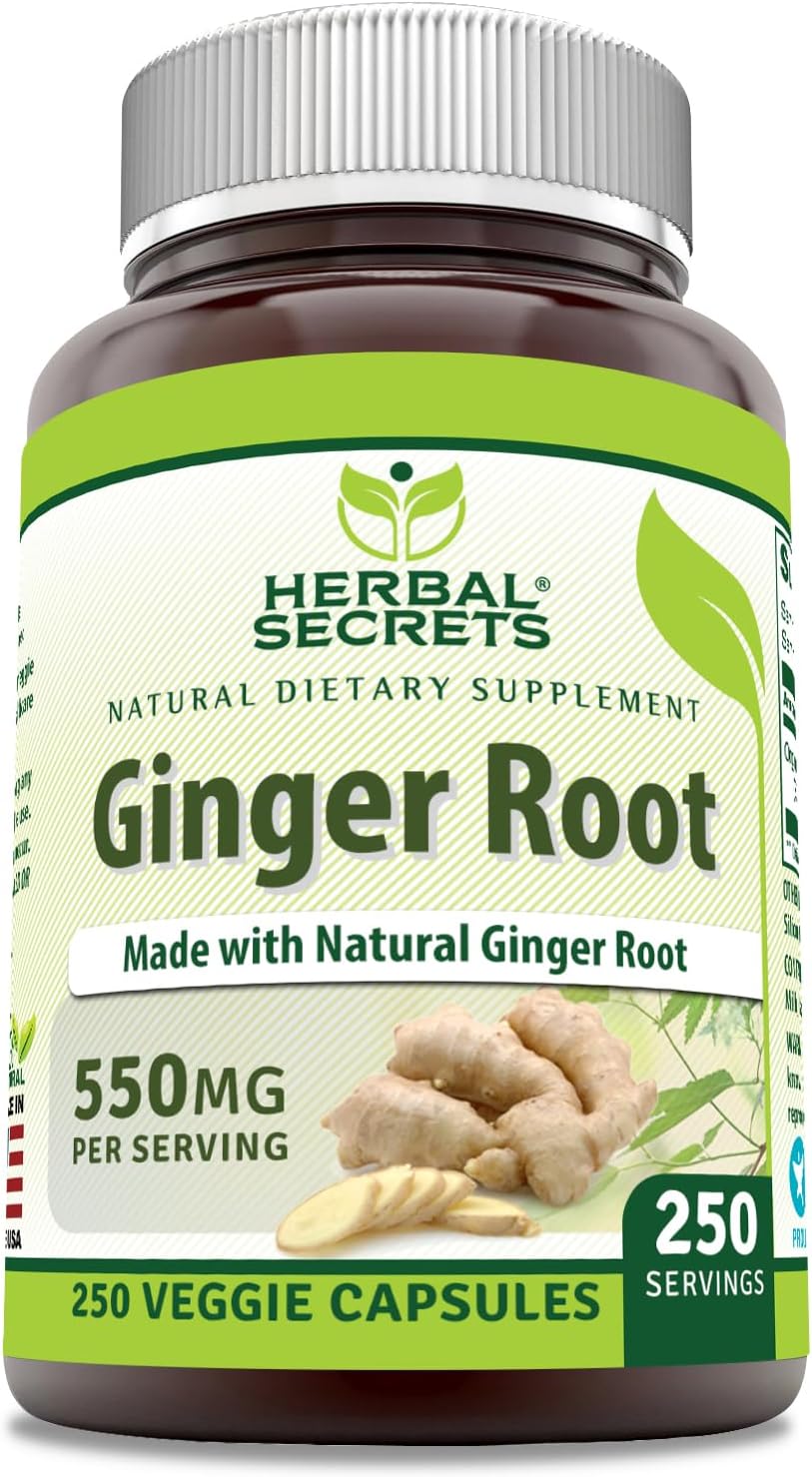 Herbal Secrets Ginger Root 550 Mg Per Serving, 250 Veggie Capsules Supplement | Non-Gmo | Gluten Free | Made In Usa