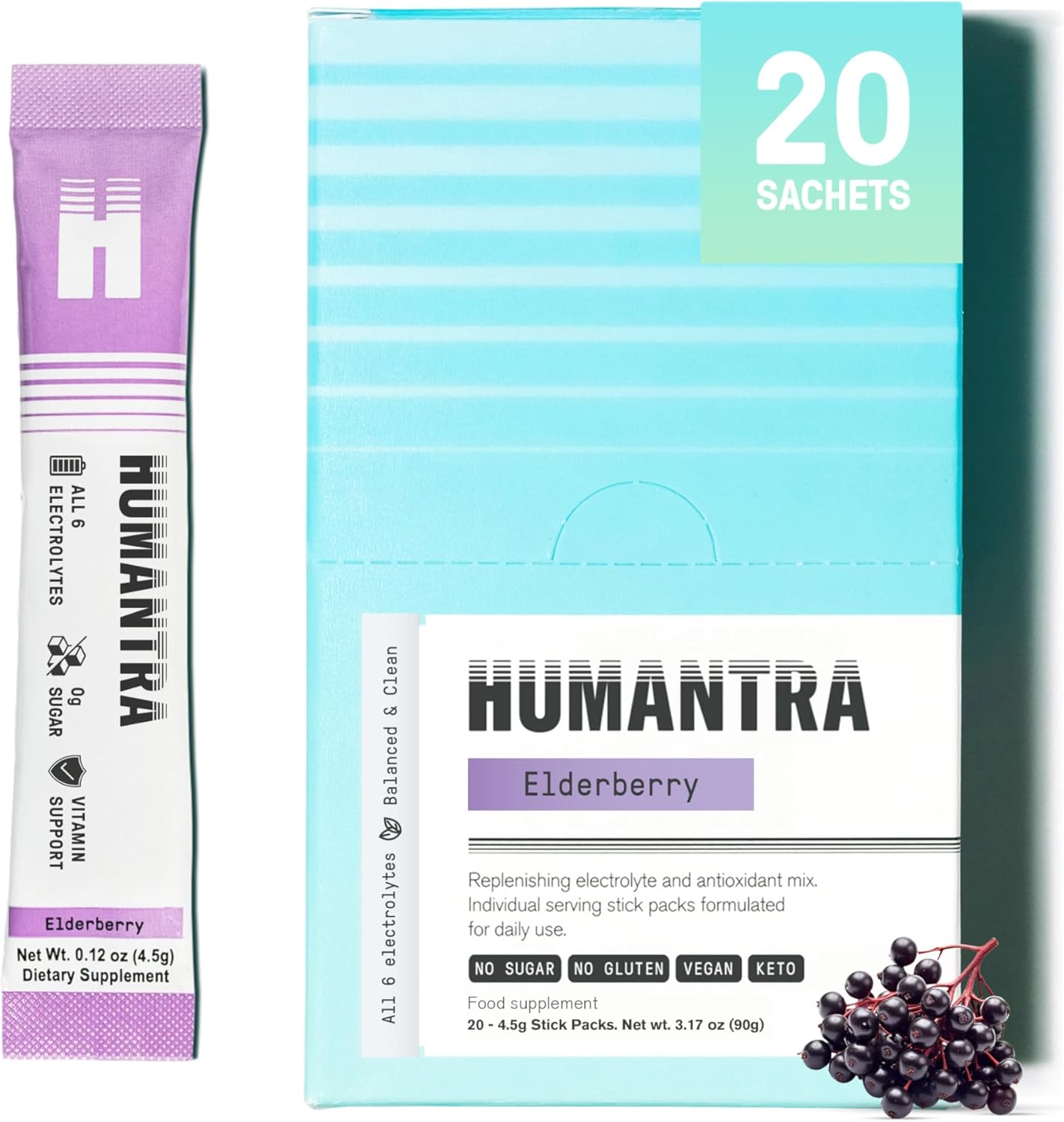 Humantra Hydration Packets | Zero Sugar Electrolyte Hydration Multiplier W/Essential Minerals & 6 Electrolytes | Electrolytes Powder (20 Count, Elderberry)