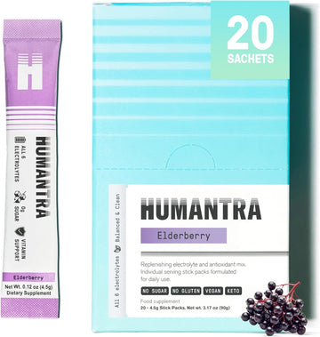 Humantra Hydration Packets | Zero Sugar Electrolyte Hydration Multiplier W/Essential Minerals & 6 Electrolytes | Electrolytes Powder (20 Count, Elderberry)