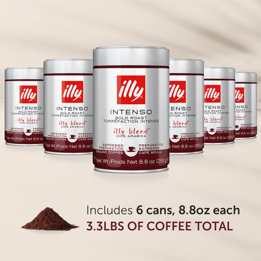 Illy Ground Coffee Espresso - 100% Arabica Coffee Ground – Intenso Dark Roast – Warm Notes Of Cocoa & Dried Fruit - Rich Aromatic Profile - Precise Roast - No Preservatives – 8.8 Ounce, 6 Pack