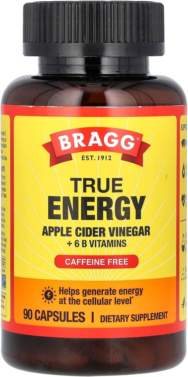 Bragg Apple Cider Vinegar True Energy Capsules ? 6 B Vitamins ? Caffeine Free - 750mg of Acetic Acid ? Weight Management - Non-GMO, Vegan, Gluten Free, No Sugar - (90 Pills) (1)
