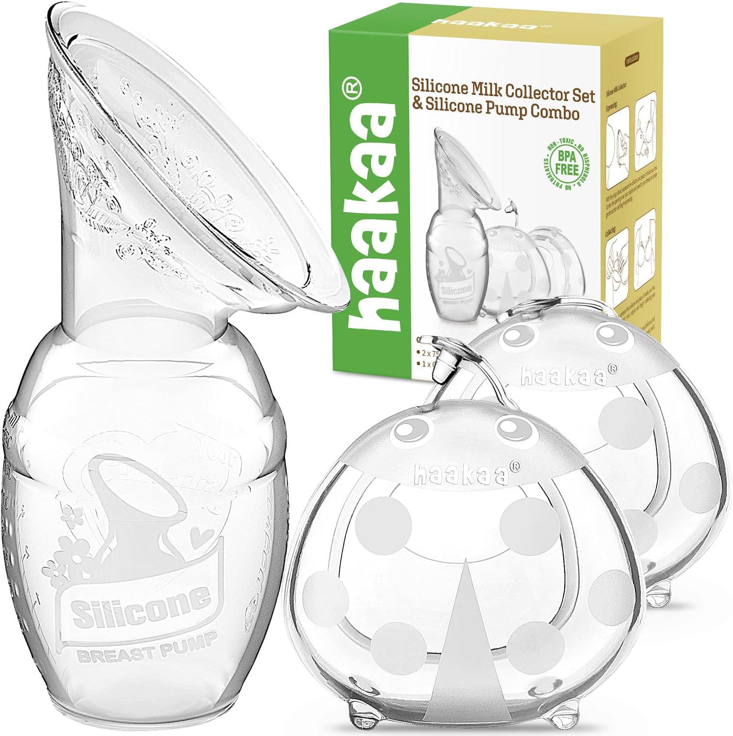 haakaa Manual Breast Pump for Breastfeeding 4oz/100ml and Ladybug Milk Collector 2.5oz/75ml Combo, Food-Grade Silicone