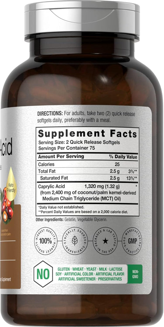 Horbäach Caprylic Acid 1320 Mg | 150 Softgel Capsules | From Mct Oil | Non-Gmo, Gluten Free Supplement