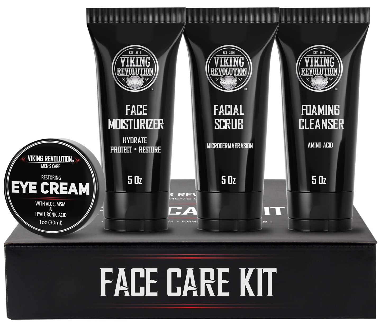 Viking Revolution Mens Facial Skin Care Kit - Includes Rejuvenating Face Moisturizer (5Oz) Microdermabrasion Facial Scrub (5Oz) Foaming Cleanser (5Oz) Eye Cream (1Oz)