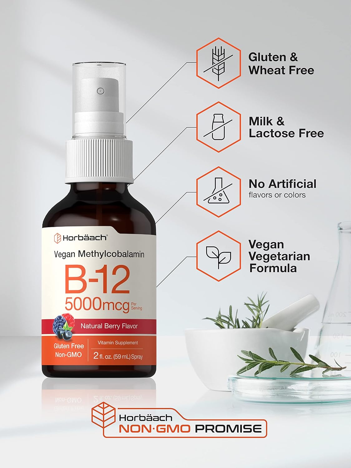 Horbäach Vitamin B-12 5000mcg Spray | Vegetarian, Non-GMO & Gluten Free Supplement : Health & Household