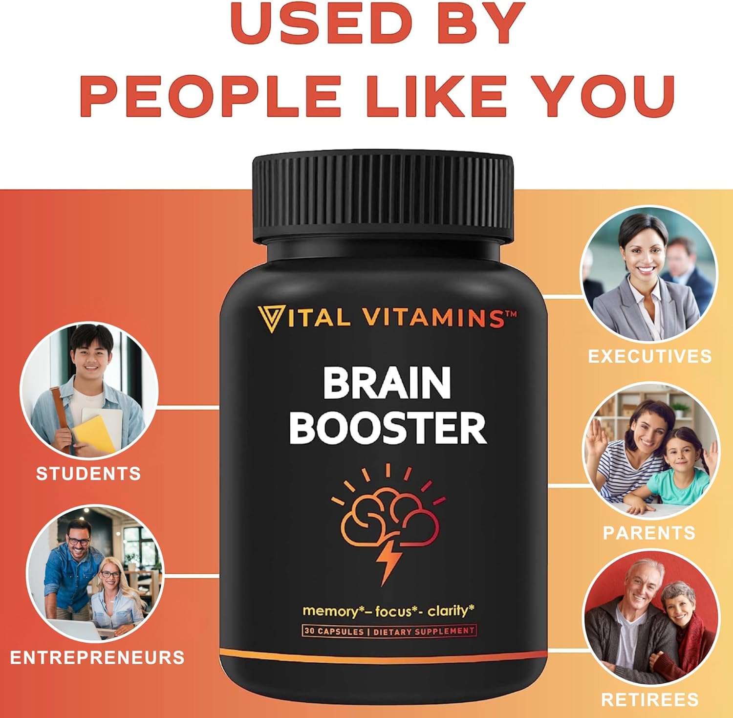 Vital Vitamins Brain Supplements For Memory And Focus (3 Pack) - Nootropic Brain Support - Memory, Clarity, Focus, Energy - Vitamin B12, Gingko Biloba, Dmae