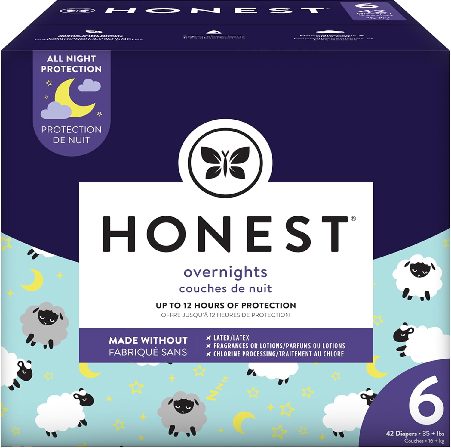 The Honest Company Clean Conscious Overnight Diapers | Plant-Based, Sustainable | Sleepy Sheep | Club Box, Size 6 (35+ Lbs), 42 Count