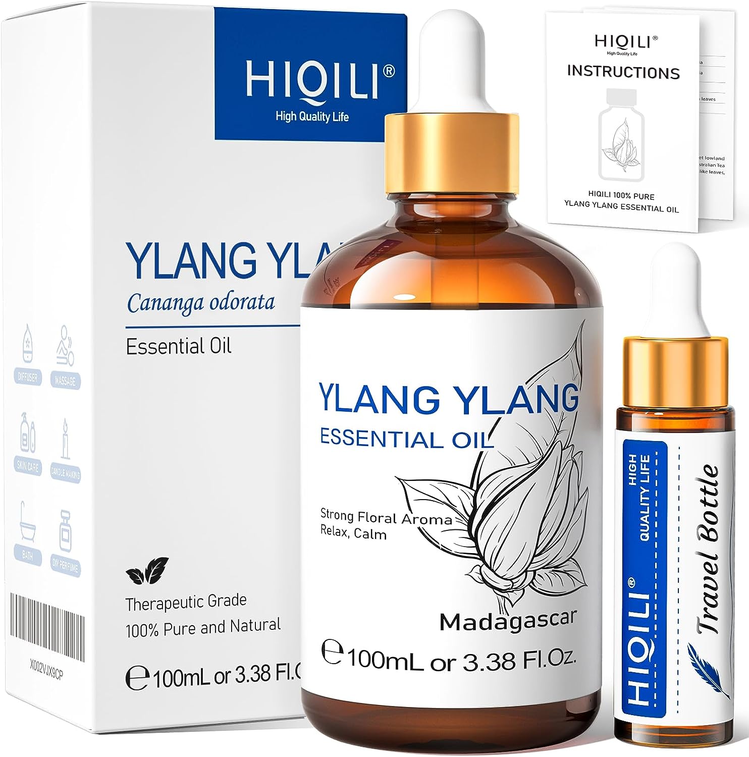 HIQILI Ylang-Ylang Essential Oil,100% Pure Natural Premium Quality Ylang Ylang Oil for Diffuser - 3.38 Fl Oz