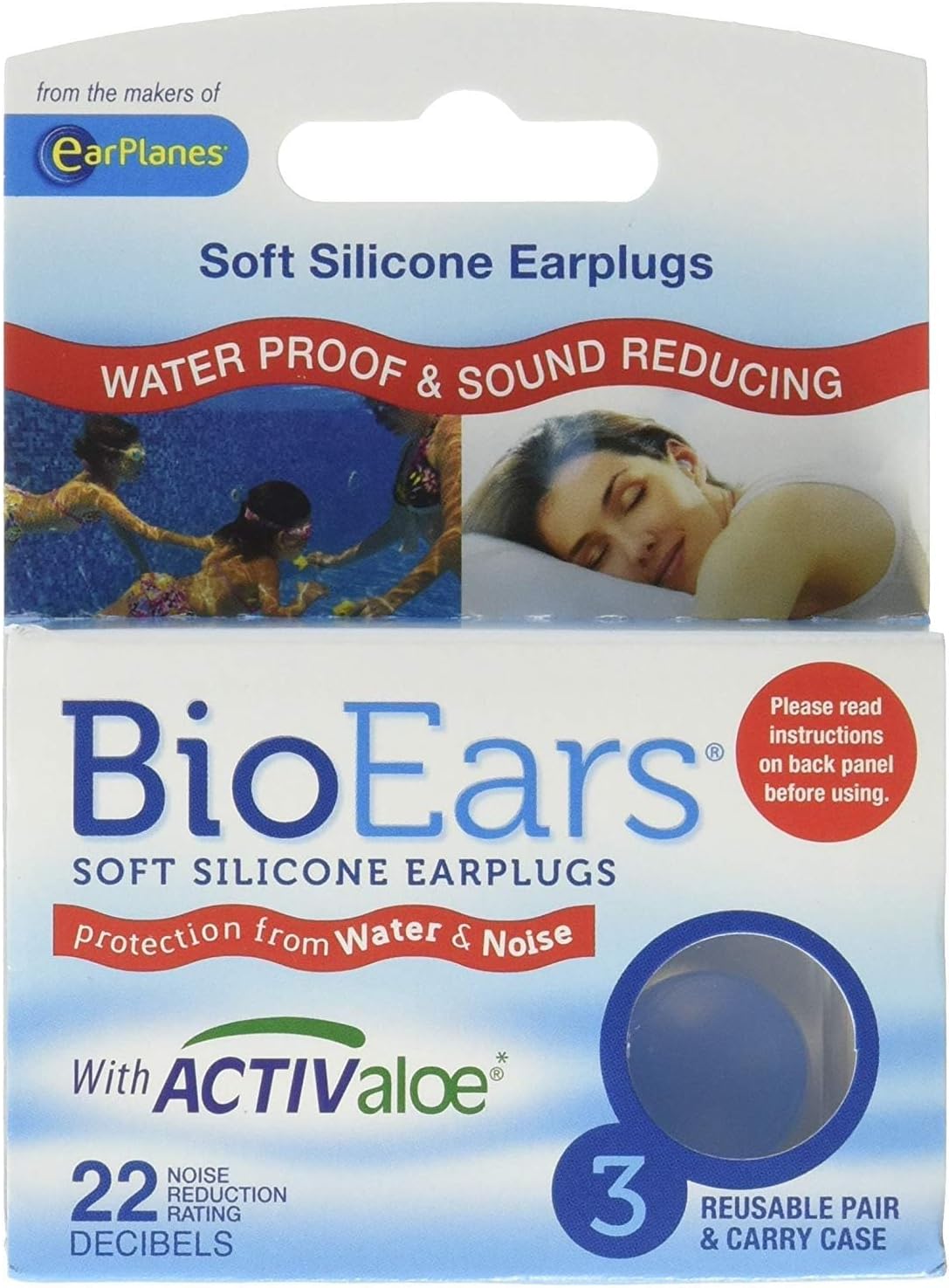 Bio Ears Soft Silicone Earplugs Water & Noise Protection With Activ Aloe - 3 Pairs, 50 G