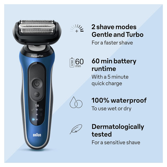 Braun Electric Shaver For Men, Series 6 6177Cc, Wet & Dry Shave, Turbo & Gentle Shaving Modes, Foil Shaver, Blue