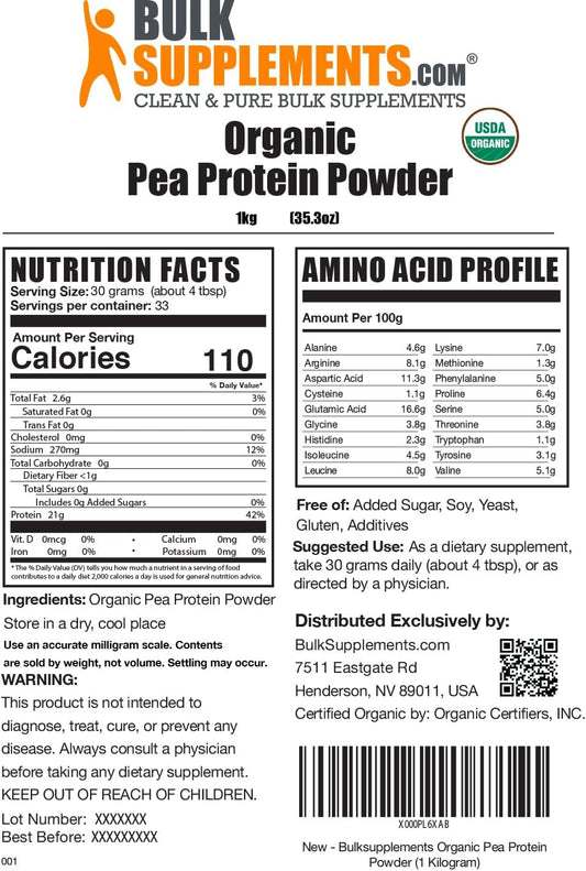 BULKSUPPLEMENTS.COM Organic Pea Protein Isolate Powder - Pea Protein P
