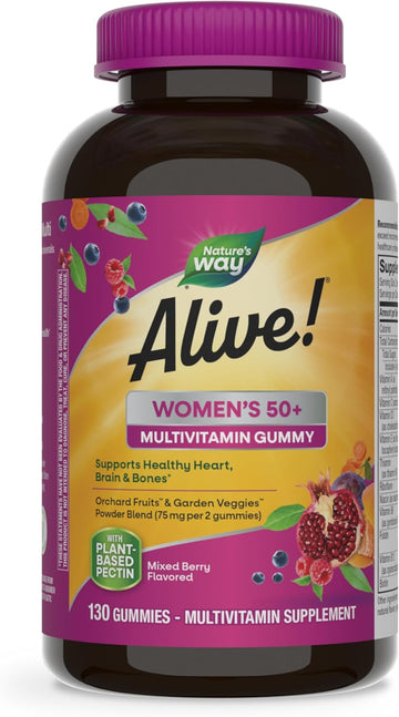 Nature'S Way Alive! Women’S 50+ Daily Gummy Multivitamin, Supports Multiple Body Systems*, Supports Healthy Heart, Brain & Bones*, B-Vitamins, Mixed Berry Flavored,130 Gummies (Packaging May Vary)