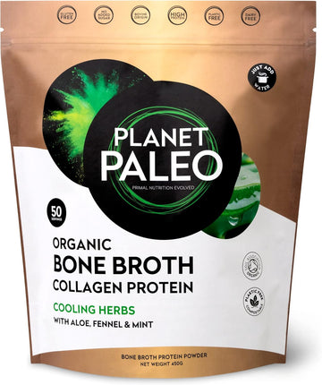 Planet Paleo Organic Bone Broth - Cooling Herbs (450G, 50 Servings) Organic, Grass Fed, High Protein | Fennel, Peppermint, Liquorice And Aloe Vera - Digestive Support