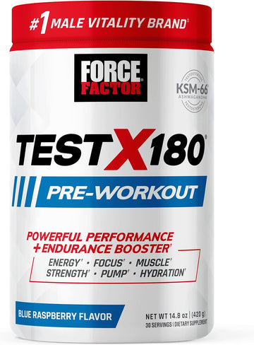 FORCE FACTOR Test X180 Pre-Workout Powder & Energy Supplement, Boost Focus & Endurance, Build Muscle & Strength, Nitric Oxide Supplement with Ashwagandaha & L-Citrulline, Blue Raspberry, 30 Servings