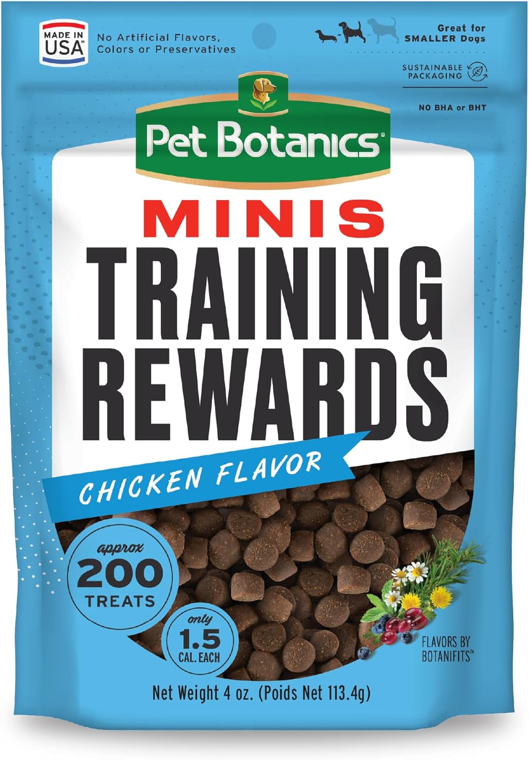 Pet Botanics 4 Oz. Pouch Training Rewards Mini Soft & Chewy, Chicken Flavor, With 200 Treats Per Bag, The Choice Of Top Trainers