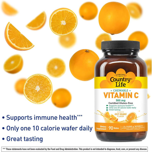 Country Life Vitamin C 500G High Potency - 90 Chewable Tablets, Immune Support - Vegan, Non-Gmo, 90 Day Supply