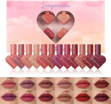 12 Colors Matte Velvet Lip Gloss Makeup Set Waterproof Long-Lasting Liquid Lipstick Heart Matte Lipstick Non-Stick Cup Lip Make Up Gift Kit For Girls