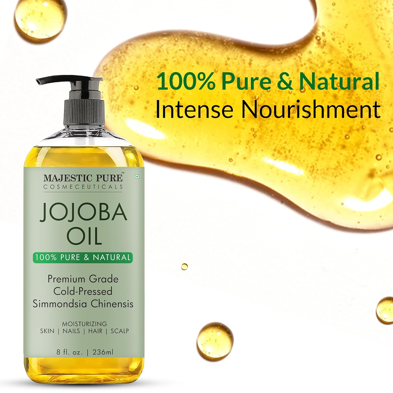Majestic Pure Jojoba Oil | 100% Pure Jojoba Oil For Skin, Hair, Scalp, Nails, Face | Cold Pressed & Hexane Free | Hair & Body Oil | 8 Fl Oz