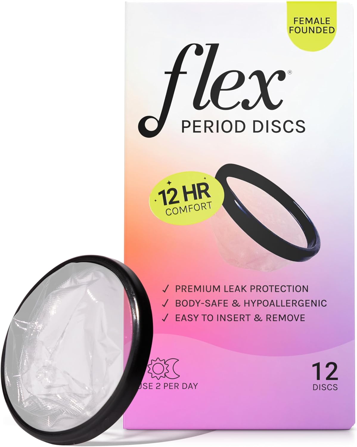 Flex Menstrual Discs | Disposable Period Discs | Reduce Cramps & Dryness | Beginner-Friendly Tampon Alternative | Capacity Of 5 Super Tampons | Made In Canada | 12 Count