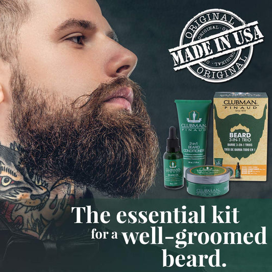 Clubman Pinaud 3-In-1 Beard Kit – Includes Conditioner, Beard Oil And Balm, Starter Kit For Men