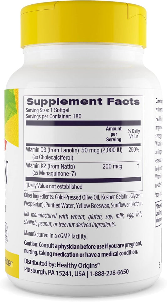 Healthy Origins Vitamin D3 & K2 - Vitamin D3, 50 mcg - Vitamin K2, 200 mcg - Easily Absorbable Vitamin D & Vitamin K Supplements - Non-GMO & Gluten-Free Supplements - 180 Softgels
