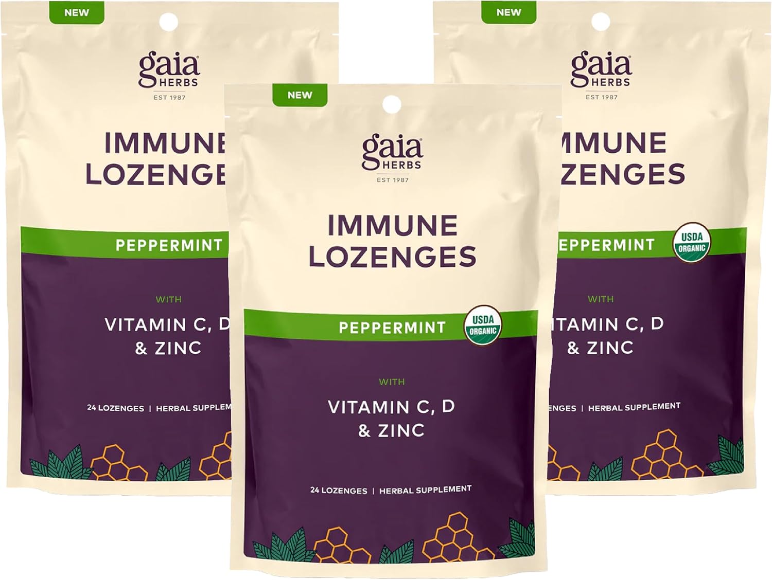 Gaia Herbs Immune Lozenges - Immune Support Lozenges - Usda Certified Organic - Vitamin C, Vitamin D, Zinc - Peppermint Flavor - 3 Pack, 72 Lozenges