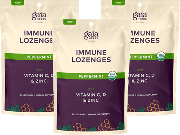 Gaia Herbs Immune Lozenges - Immune Support Lozenges - Usda Certified Organic - Vitamin C, Vitamin D, Zinc - Peppermint Flavor - 3 Pack, 72 Lozenges