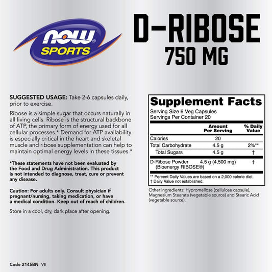 NOW Sports Nutrition, D-Ribose 750 mg, Certified Non-GMO, Energy Production*, 120 Veg Capsules