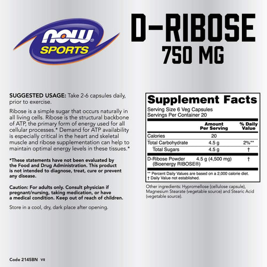 Now Sports Nutrition, D-Ribose 750 Mg, Certified Non-Gmo, Energy Production*, 120 Veg Capsules