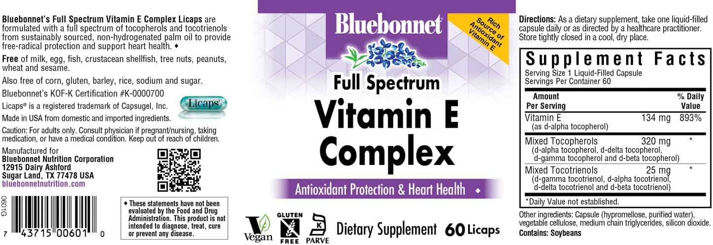 Bluebonnet Natural Full Spectrum Vitamin E Complex - 60 Licaps : Health & Household