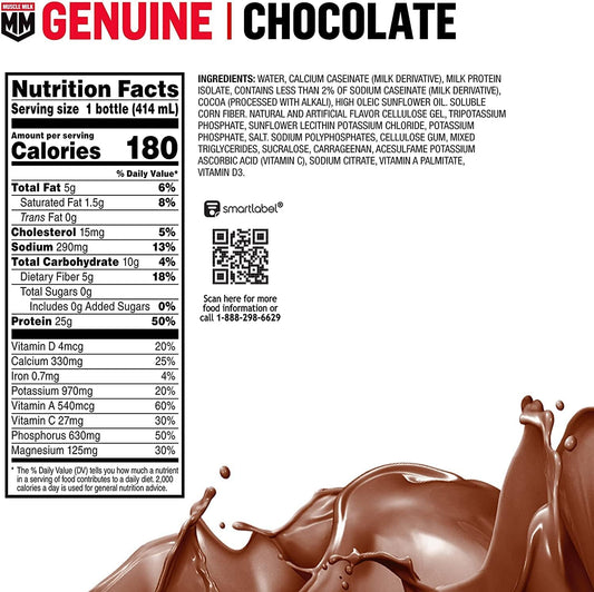 Muscle Milk Genuine Protein Shake, Chocolate, 14 Fl Oz Bottle, 12 Pack, 25G Protein, Zero Sugar, Calcium, Vitamins A, C & D, 6G Fiber, Energizing Snack, Workout Recovery, Packaging May Vary