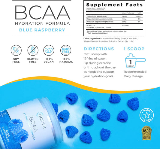 One Sol Bcaa & Electrolyte Powder For Hydration & Energy, All-Natural Formula, 100% Vegan, Non-Gmo, Gluten Free & Soy-Free, Promotes Muscle Growth & Recovery, Natural Blue Raspberry Flavor