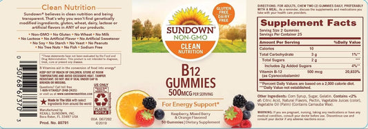 Sundown Vitamin B12 Gummies, Supports Energy Metabolism, Raspberry, Mixed Berry and Orange Flavors, 50 Count