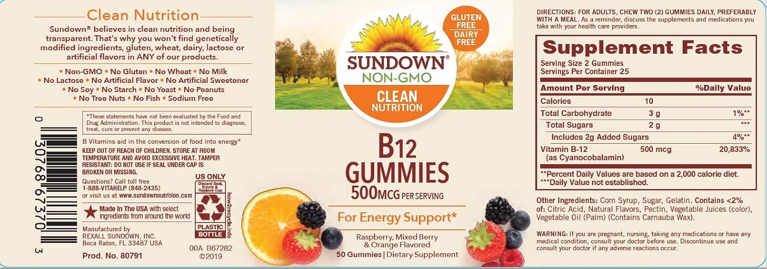 Sundown Vitamin B12 Gummies, Supports Energy Metabolism, Raspberry, Mixed Berry and Orange avors, 50 Count