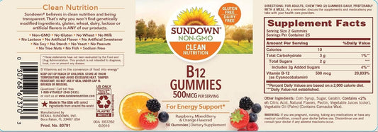 Sundown Vitamin B12 Gummies, Supports Energy Metabolism, Raspberry, Mixed Berry and Orange avors, 50 Count