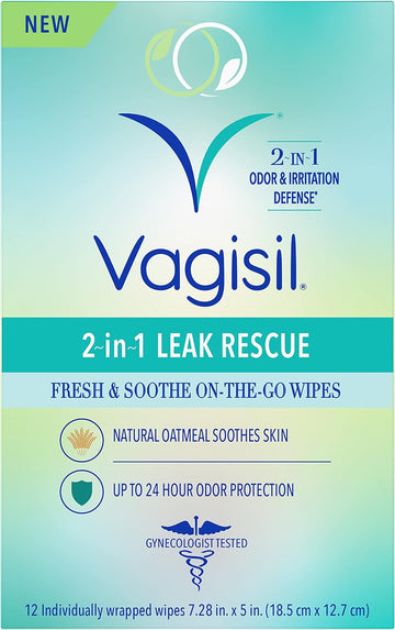 Vagisil 2-in-1 Leak Rescue Intimate Feminine Wipes for Women, Gynecologist Tested & Hypoallergenic, 12 ct (Pack of 1)