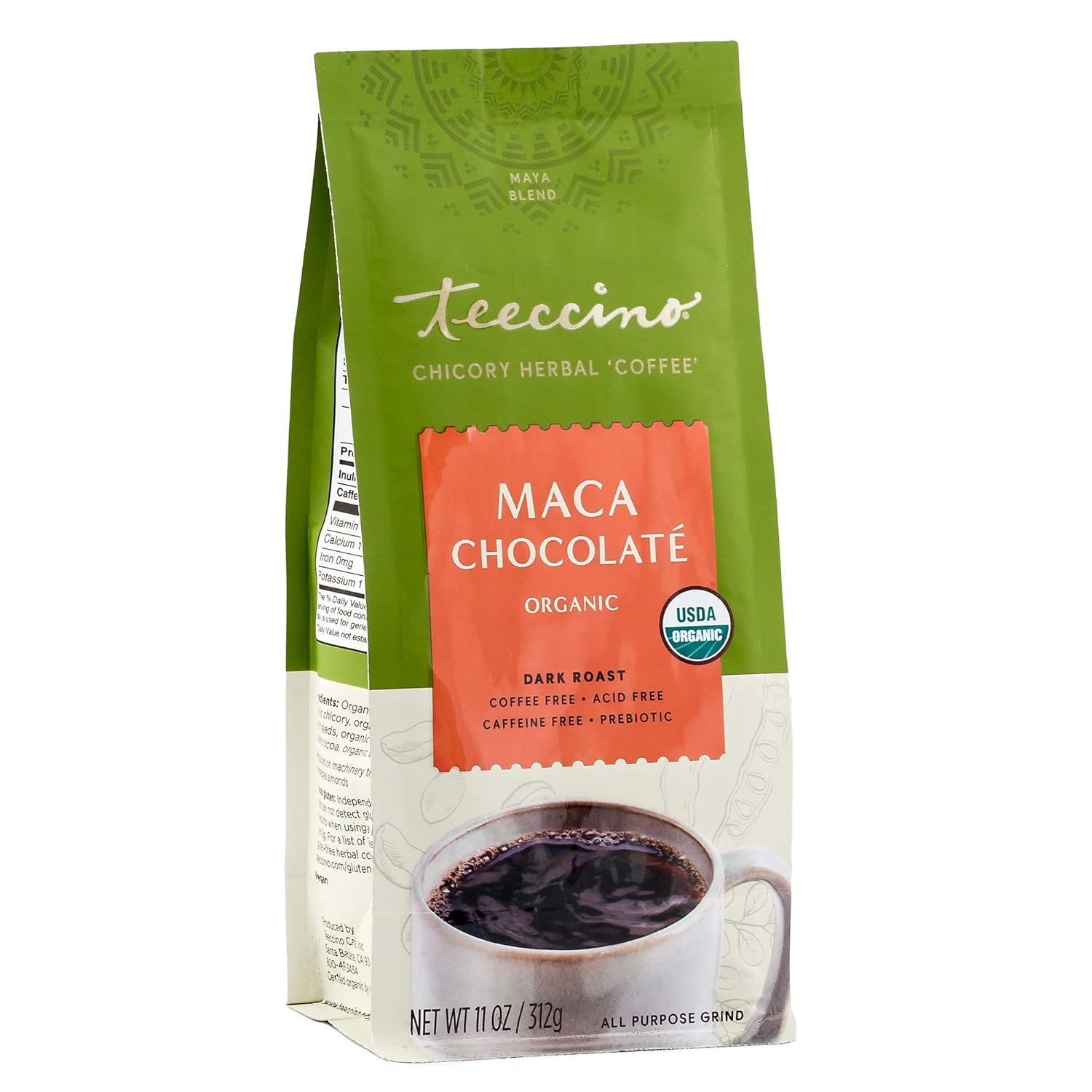 Teeccino Maca Chocolaté Chicory Coffee Alternative - Ground Herbal Coffee That’S Prebiotic, Caffeine Free & Acid Free, Dark Roast, 11 Ounce