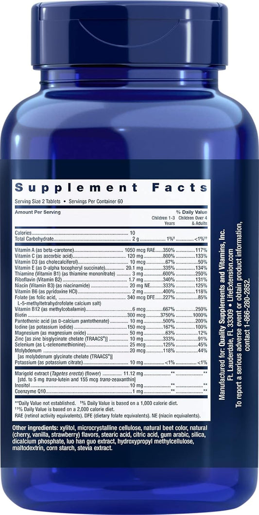 Life Extension Children'S Formula Mix™, Multivitamin For Kids, 18 Essential Vitamins And Minerals, Berry Flavored With No Added Sucrose, Gluten-Free, Non-Gmo, 120 Chewable Tablets